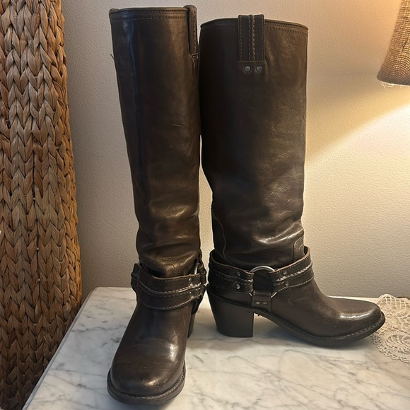 Frye tall Carmen boots. Dark mossy greenish brown. Almost new, worn once. - Picture 1 of 10